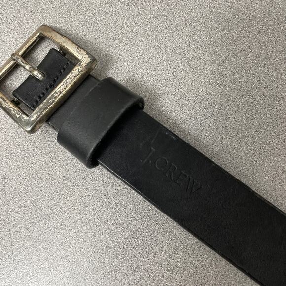 J Crew Leather Belt Mens 28 Black Silver Buckle Embossed Logo Preppy Classic * - Picture 3 of 11